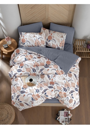 Mystory Home Etro Lastikli Çarşaflı Çift Kişilik Nevresim Takımı Indigo - Kahverengi