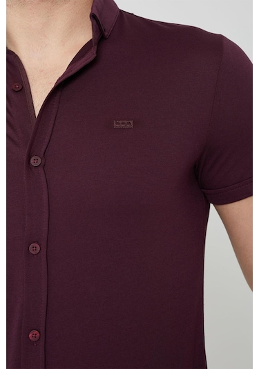 Coonless Erkek Kısa Kol Slim Fit Gömlek Bordo Beyaz