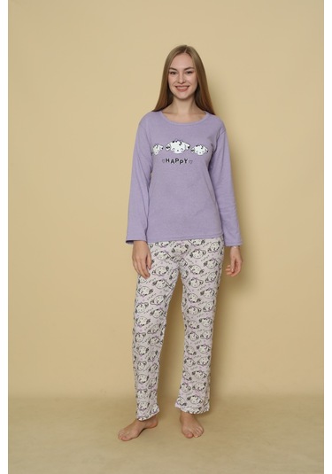 Kadın Penye Sıfır Yaka Uzun Kol Pijama Takımı Lila Happy