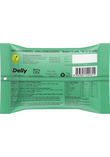 Delly Şeker İlavesiz Bitter Çikolata Kaplı Fındık 12 x 40 G
