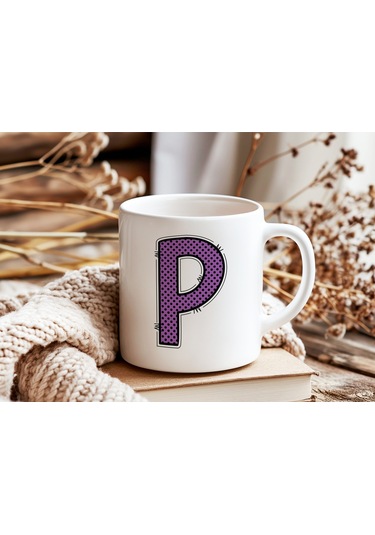 P Harfi Mor Puantiyeli Kupa Bardak - Polka Dot Tasarım Kahve Çay Bardak - Kişiye Özel Hediyelik Beyaz