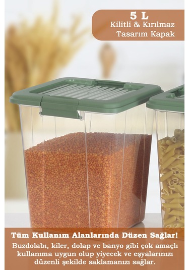 4'lü Organizer Box 5 L Un Bakliyat Erzak Kabı - Kilit Kapaklı Düzenleyici Deterjanlık Saklama Kutusu Yeşil