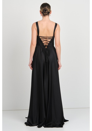 Doridorca Kadın Derin V Yaka Sırttan Bağlamalı Maxi Abiye Elbise 7091 Siyah Siyah