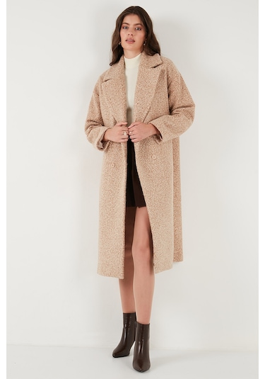 Lela Oversize Fit Mono Yaka Düğmeli Buklet Uzun Kaşe Bayan Kaban 6810236 Bej
