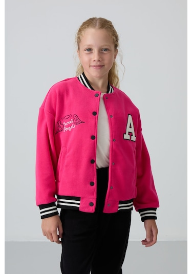 Tommy Life Fuşya Kalın Yumuşak Dokulu Standart Fit Nakışlı Polar Kız Çocuk Kolej Ceket - 75156 Fuşya