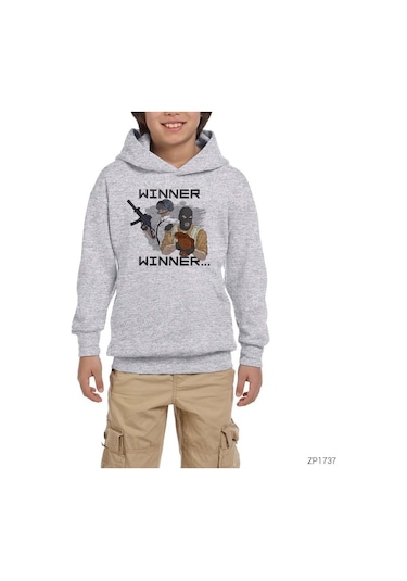 Pubg Winner Winner Csgo Gri Çocuk Kapşonlu Sweatshirt Gri