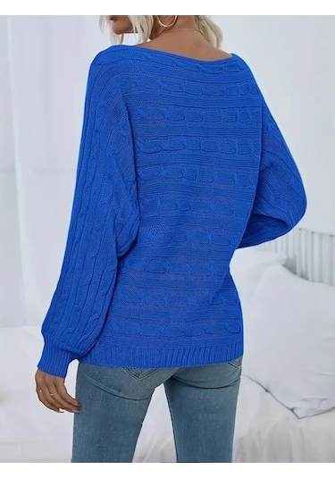 Soonaksesuar Kadın Uzun Kollu Yakası Açık Saç Örgü Desenli Triko Bluz Saks Mavi