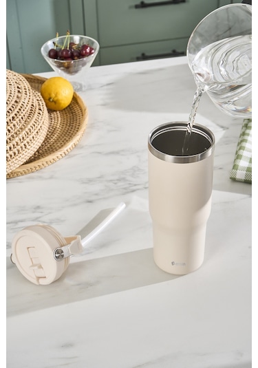 Emsan Star Ice Pipetli Çelik Sızdırmaz Termos Krem 900 Ml Krem