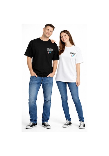 Nevermind Anne Baba Kombini Mom Dad Baskılı Çift Tişört Oversize Unisex 2 L Siyah - Beyaz