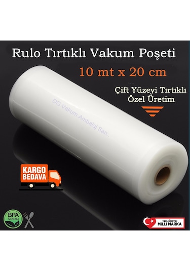 Tırtıklı Rulo Vakum Torbası-Poşet 20Cm X 10Mt-Çift Yüzey Tırtıklı