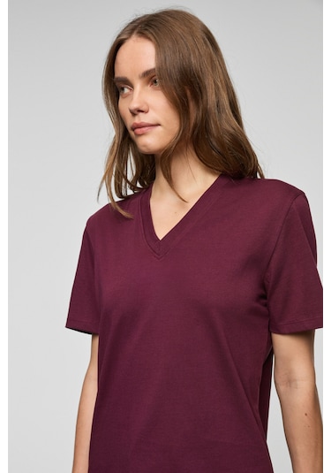 Grımelange Alıne Kadın %100 Organik Pamuk Derin V Yakalı Comfort Fit Bordo T-shirt Bordo