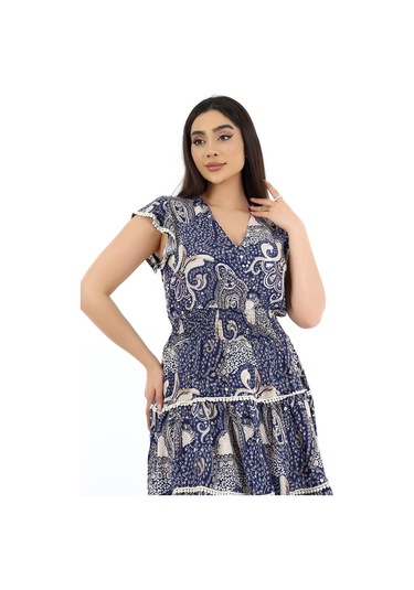 Kadın Viskon Yarım Kol V Yaka Gipeli Elbise Lacivert Lacivert