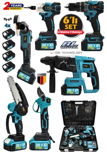 Staxx ST3890 10 Pilli X4 Akü 388VF Kırıcı Delici + Taşlama + Somun Sökme + Dal Budama Matkap Seti