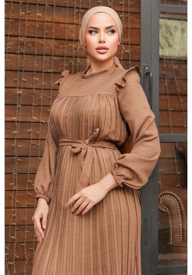 Fırfırlı Pilise Elbise 777 - Vizon