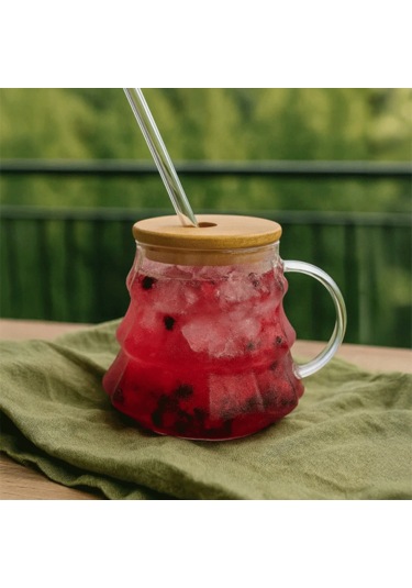 Çam Ağacı Model Borosilikat Cam Bardak, 400 Ml Kulplu Cam Kupa, Pipet Hediyeli Şeffaf