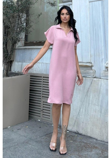 Pudra Airobin Dokulu Rahat Midi Elbise Pudra