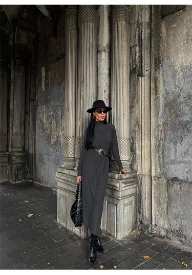 Boğazlı Kalın Bürümcük Uzun Elbise Siyah Siyah