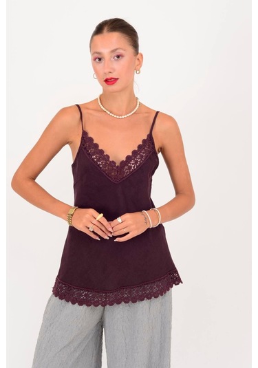 Dantel Detaylı Askılı Keten Bluz-10386 Mürdüm