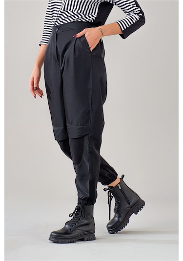 Bold & Young Kadın Siyah Polyamid Karışımlı Beli Lastikli Paça Lastikli Paraşüt Pantolon Siyah