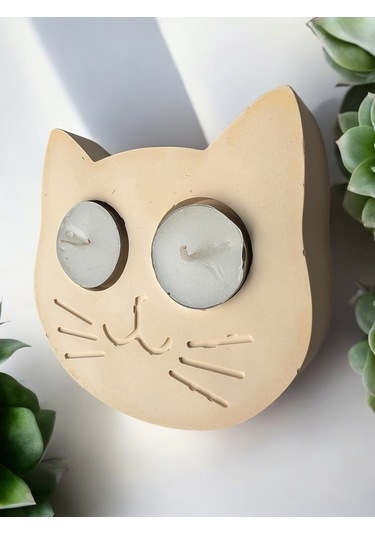 Sarı Kedi Şekilli Beton Mumluk - El Yapımı Dekoratif Çay Işığı Tealight Mumluk - Minimalist Kedi Tem Sarı