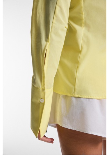 PAPILUS Kadın Regular %100 Organik Pamuk İnce Uzun Gömlek Yaka Uzun Kollu Sarı Gömlek