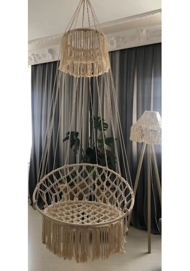 Yılbaşı Makrome Özel Örgü Halatlı Salıncak Hamak Pamuk Ip Ekru