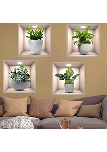 Qingmipy 3d Yeşil Bitki Duvar Sticker, 4 Adet, Vinyl, Su Geçirmez, Kolay Uygulama, 30x30cm, Çeşitli Yüzeyler İçin, Salon Dekoru Çok Renkli