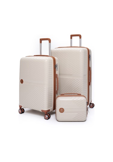 Elatae Exclusive Pro Polipropilen Kırılmaz 3'lü Valiz Seti Büyük - Orta Boy Ve Makyaj Çantası Bej - Camel 5239 Bej - Camel
