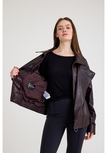 Oversize Kısa Bayan Deri Ceket Vb-14-bk-2847-24115 Bordo