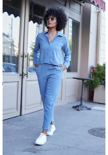 Kadın Likrasız Modal Kumaş Uzun Kol Hafif Kısa Gömlek-indigo Indigo