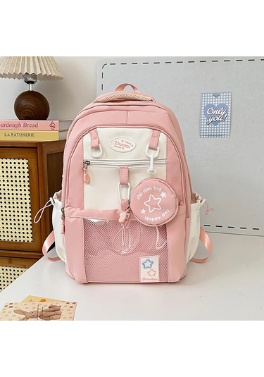 Honeybeeshop Pembe Renkli Kapasiteli Naylon Okul Sırt Çantası Fermuarlı Ve Aksesuarlı Pembe