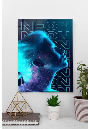 Neon Kadın Cam Tablo Hediyelik, Dekoratif, Ofis, Mutfak