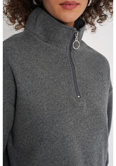 Bigdart 55449 Fermuarlı Yaka Örme Sweatshirt - Antrasit