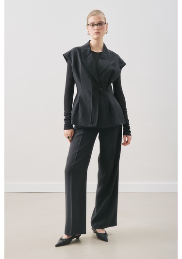 Dökümlü Tencel Pileli Pantolon Siyah Siyah