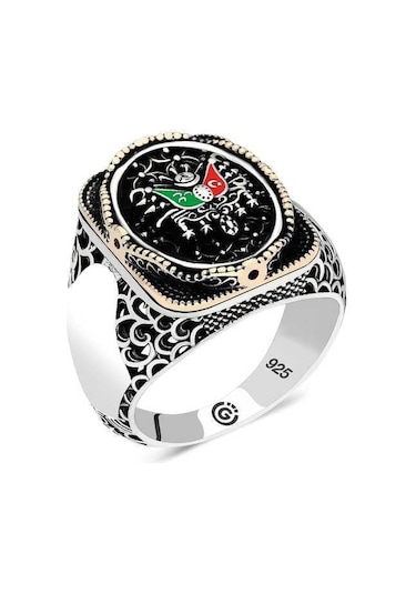 Gümüş Osmanlı Arması Oval Erkek Yüzük-203272 Çok Renkli