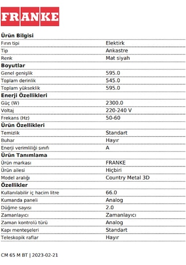 Franke Country CM 65 M BT Ankastre Fırın Siyah