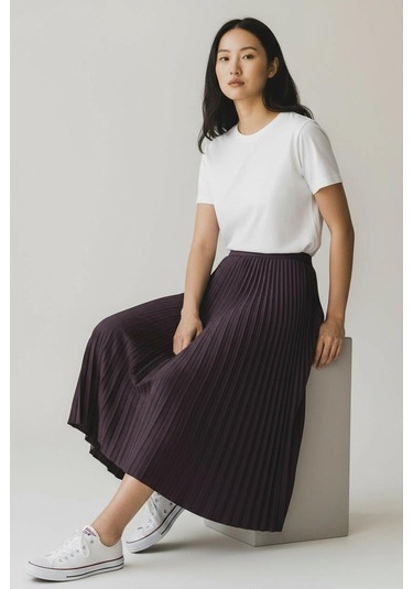 Pileli Pamuklu Dokuma Viskon Kışlık Etek 95 Cm - 38-48 Mürdüm