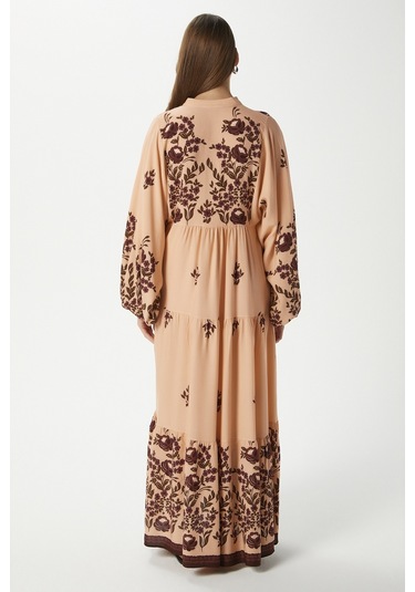 Modest Rosabella Pudra Kadın %100 Viskon Maksi Boy Katlı Balon Kol Uzun Yazlık Elbise Pudrasiyah