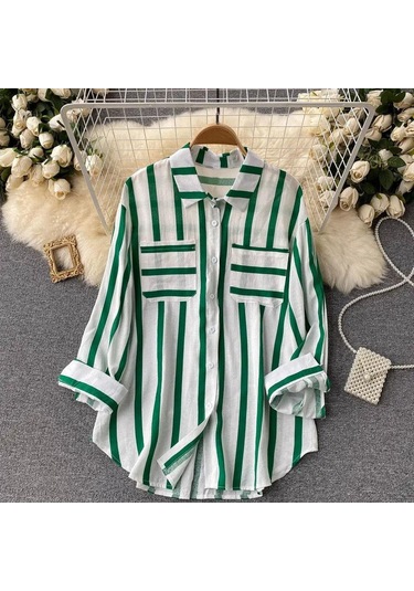 Yaz Yeni Orta Uzunlukta Dikey Çizgili Çok Renkli Gömlek Ceket Kadın Kore Tarzı Rahat Gevşek Üstler Yeşil