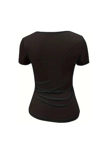 Kadın Kısa Kollu Yakası Açık Lazer Kesik Detaylı Viskon Bluz Siyah