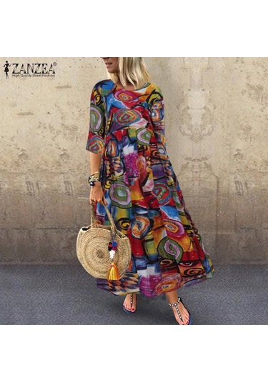 Zanzea Bohemia Kadın Çiçek Baskı 3/4 Kollu Günlük Uzun Elbise Kırmızı