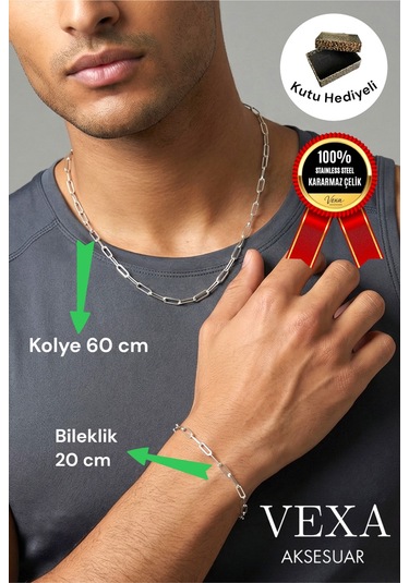 Kararmaz İthal Çelik Ataç Model Zincir Kolye & Bileklik Set Özel Kutulu, Hediyeli Ürün Gümüş