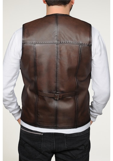 Derije Texas Hakiki Deri Erkek Kahverengi Punto Dikişli Yelek