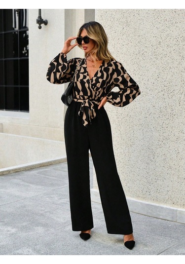 S-pazarım Kadın Uzun Kollu Kruvaze Yakalı Belden Kuşaklı Üst Dalgıç Alt Ithal Krep Tulum Siyah