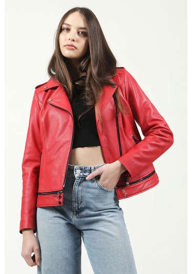 Dericlub Yb-Rm416 Croko Baskılı Gerçek Deri Kadın Mont Kırmızı