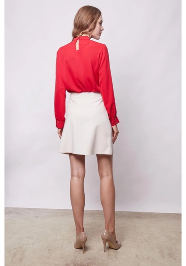 Kadın Diz Üstü Yüksek Bel Önü Düğmeli Cep Kapaklı Hafif Likralı Kumaş Çan Etek-şampanya Şampanya