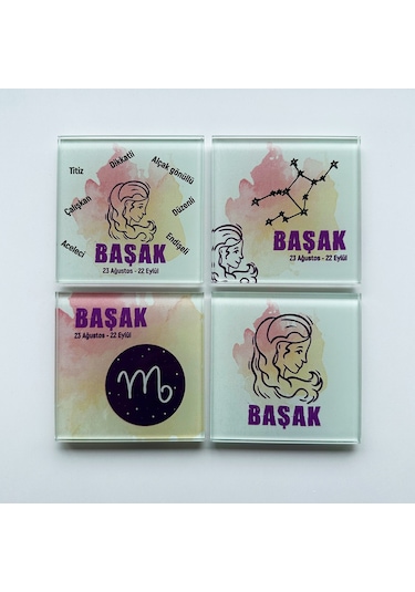 Cam Bardak Altlığı Burçlar - Başak Burcu 4'lü Takım 10cm X Beyaz