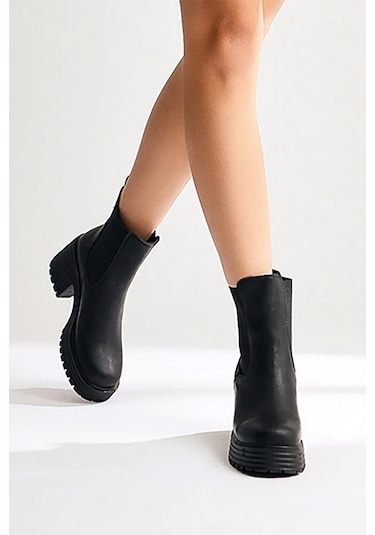 Mergenshoes By023 Siyah Lastik Detaylı Yüksek Taban Kadın Bot 001