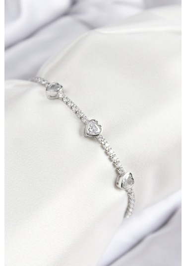 Pirinç Zirkon Taşlı Sıralı Kalp Model Gümüş Renk Asansörlü Kadın Bileklik - Tj-bb7728 Gümüş