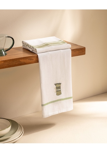 Asperge 2'li Nakışlı Kurulama Bezi - Beyaz/yeşil 8684427202203 Çok Renkli